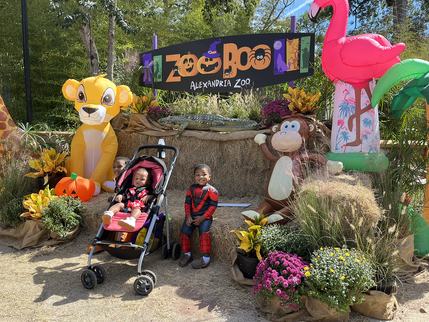 kids taking photo in front of decorations